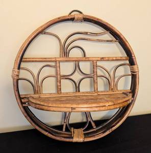 lot 264 image: Round Vintage Boho Bamboo Folding Wall Shelf