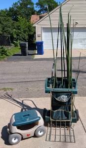 lot 284 image: Garden Stool, Tool Cart and Stakes