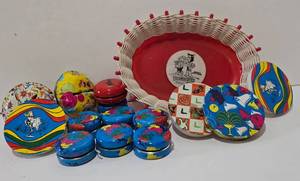 lot 373 image: Vintage Dog Patch USA Basket  New Years Eve Noisemakers & More
