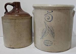 lot 396 image: Brown Crockery Jug and Vintage Gallon Red Wing Birch Leaf Union Stoneware Crock