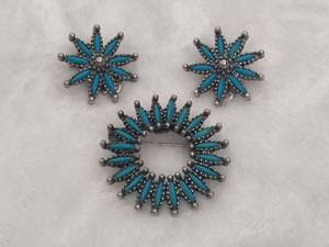 Zuni Style Needlepoint Brooch & Earrings Set