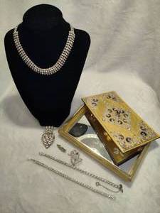 lot 56 image: Rhinestone Jewelry Lot & Beautiful Rhinestone Decorated Trinket Box