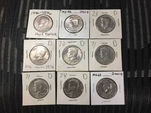lot 112 image: (9) Vintage Kennedy Half Dollars