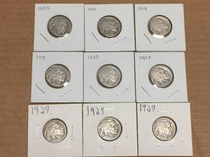 lot 142 image: (9) Buffalo Nickels - 1915-16-18-19-23-27-29
