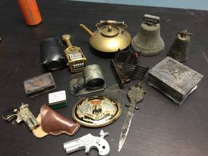 lot 199 image: Group Vintage Metalwares - Bells - Brass - Box with 1834 Coin