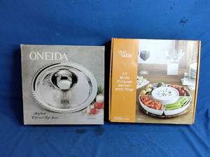 lot 28 image: Hayden 6-Piece Multi-Purpose Serveware Tray and Oneida Park Lane Silver Plated Chip-and-Dip Server Big Round Fancy Embossed Party Platter - Unused