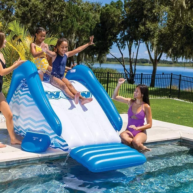 lot 265 image: NEW WOW Sports Cascade Inflatable Pool Slide with Sprinkler - Blue