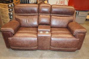 lot 1 image: Brown Leather Power Recline Sofa