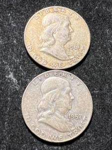 lot 20 image: 2 US FRANKLIN HALF DOLLARS 1957-D 1961-D