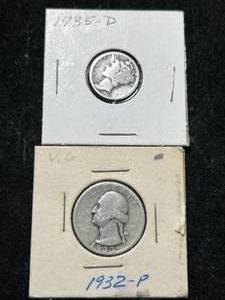 lot 21 image: 1932 US WASHINGTON QUARTER WITH 1935-D MERCURY DIME