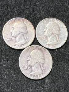 lot 31 image: 3 US WASHINGTON QUARTERS 1936P-D-S