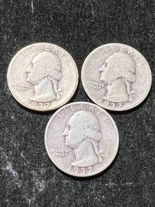 lot 36 image: 3 US WASHINGTON QUARTERS 1937P-D-S