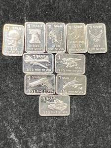 lot 88 image: 10 GRAMS .999 FINE SILVER FRACTIONAL BARS