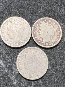 lot 101 image: 3 US LIBERTY NICKELS 1904 05 06