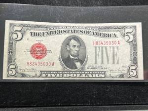 lot 110 image: 1928F US RED SEAL $5 NOTE