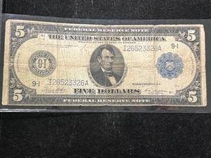 lot 112 image: 1914 US LARGE SIZE BLUE SEAL $5 FEDERAL RESERVE NOTE