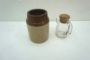 lot 21 image: 7 tall Antique Stoneware Crock & Vintage Westmoreland Clear Glass Pitcher with Snub Nose Spout