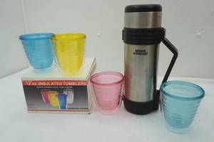 lot 51 image: Nissan Stainless Thermos & 12 oz insulated tumblers (4ct)