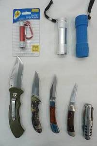 lot 228 image: Folding Knives (4ct) LED Flashlights (3ct) and Multi Knife (1ct)
