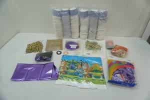 lot 235 image: NEW Party Decorations Bluey table cloths, balloons, Happy birthday sign and much more