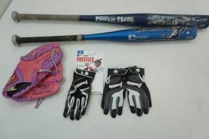 lot 249 image: 29 & 33 softball bats, youth glove and batters gloves