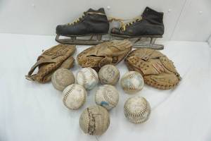 lot 301 image: Vintage Ice Skates, Baseball Gloves, and Softballs