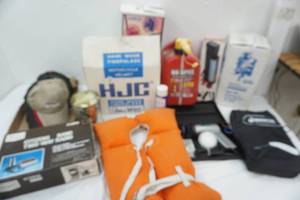 lot 314 image: Large Lot HJC Helmet, Gas Can, Revolution Dispenser, lifejacket, Lasko Clip fan, Hats and more