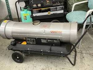 lot 3 image: MSRP $13,000 NEW Hunter&nbspCamfire CV125CG-ADT Multi-Fuel Portable Space Heater 96000 BTU With Ducting - Has A Couple Dents From Moving Around...