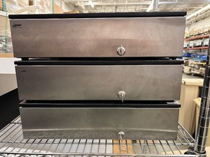 lot 49 image: Lot of 3 MMF Flip-Top Cash Drawers WKeys Compact POS Ready with Coin & Bill Slots Space-saving flip-top design perfect for tight counters or mobile setups. Durable steel construction with organized compartments for fast, efficient transactions.