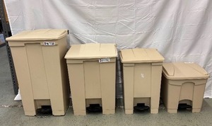 lot 34 image: Set of 4 Rubbermaid Commercial Step-On Bins  Mixed Sizes Rugged, Hands-Free Waste Cans with Soft-Close Lids & Tough Plastic Construction  Ideal for Clinics, Kitchens, or Busy Workspaces