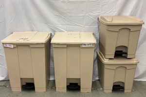 lot 36 image: Lot of 4 Rubbermaid Commercial Step-On Trash Cans Varying Sizes Commercial Indoor Utility Bins with Hands-Free Pedal, Slow-Close Lids & Durable Plastic Build  Sanitary, Space-Saving, and Built to Last