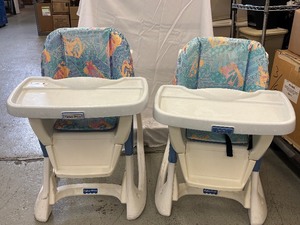 lot 24 image: Lot of 2 Vintage Fisher-Price High Chairs Classic design meets practical function  these sturdy high chairs grow with your little one, offering adjustable height settings for the perfect fit at any mealtime. Charming and timeless