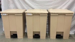 lot 37 image: Lot of 3 Rubbermaid Commercial Step-On Trash Cans  Commercial Indoor Utility Bins with Hands-Free Pedal, Slow-Close Lid & Tough All-Plastic Build  Great for Sanitary Waste Control