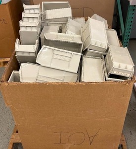 lot 41 image: Massive Lot In Huge Gaylord of AkroBins by Akro-Mils in the Color Stone  Stackable Plastic Storage Bins Made in the USA  Various Sizes for Versatile Organization and Durable Storage Solutions - Check Description For Sizes