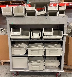 lot 40 image: Rolling Linen Cart Storage Rack with HUGE Lot of AkroBins  Heavy-Duty Mobile Organization System with Tons of Bins Included  Perfect for Garage, Shop, or Warehouse Use