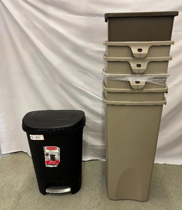 lot 38 image: Lot of 7 Rubbermaid Trash Bins  Varying Sizes- Durable, Space-Saving Waste Containers  Perfect for Tight Spaces Like Desksides, Kitchens & Bars