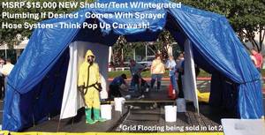 lot 1 image: WOW MSRP $15,000 NEW Reeves 3-Lane Hospital Response System Shelter Tent WIntegrated Plumbing If Desired - Comes With Sprayer Hose System - Think Pop Up Carwash See Youtube For Set Up Flooring & Conveyor Rack Sold In Lots 2 & 5 14x12x9