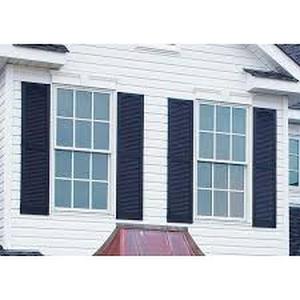lot 8 image: Builders Edge 15 in. x 48 in. Louvered Vinyl Exterior Shutters Pair in #002 Black Customer Returns See Pictures