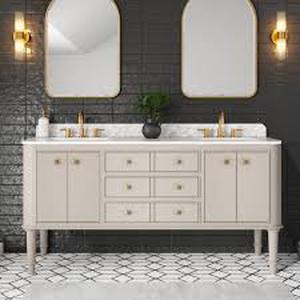 lot 44 image: Home Decorators Collection Collette 72 in. Double Sink Greige Bath Vanity with Carrara White Marble Top (Assembled)    Customer Returns See Pictures