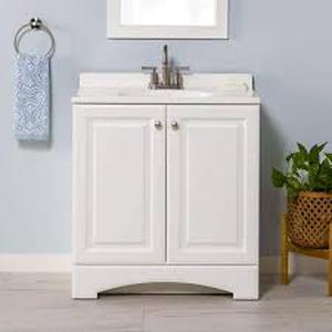lot 46 image: Glacier Bay 31 in. Single Sink White Bath Vanity with White Cultured Marble Top (Assembled)  Customer Returns See Pictures