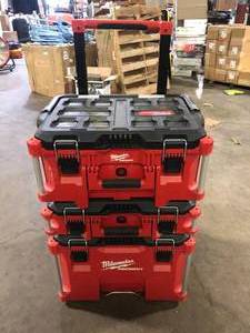 lot 37 image: Milwaukee PACKOUT 22 in. Rolling Tool Box, 22 in. Large Tool Box and 22 in. Medium Tool Box ProSystem Low Profile Handle  Customer Returns See Pictures