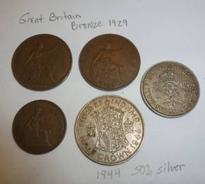 lot 7 image: Great Britain Bronze Penny and Half Penny 1929, 1935, Half Crown 1944 (50% silver) shillings 1938