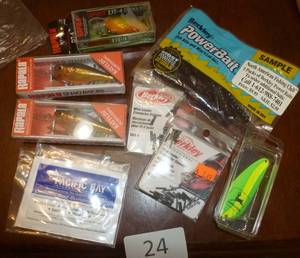 lot 24 image: Fishing lot - 3 new rapala Shad, new John Deere spoon lure, New leader sleeves, bait, and rod finish