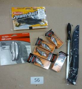 lot 56 image: Fishing lot - filet knife, bait, rapala lures, berkeley stainless soap