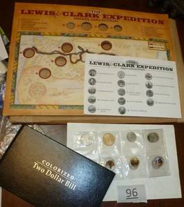 lot 96 image: Lewis and Clark Coin Collection and colorized 2 dollar bill