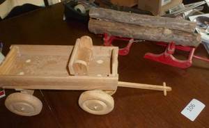 lot 106 image: vintage wood wagon to be painted and wood log sleigh with logs