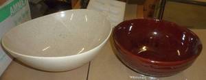 lot 113 image: 2 pottery bowls, Ceramic geese bowl and grape etched creamer and sugar