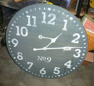 lot 116 image: Large battery operated, wood wall clock 26 inches across