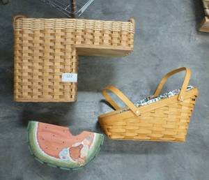 lot 122 image: Stair basket, angled Longaberger basket with liner, and wood painted basket