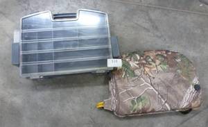 lot 128 image: organizer tool box and camo inflatable cushion